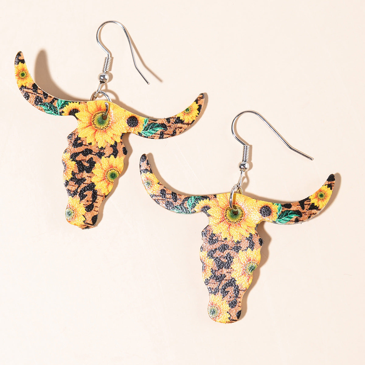 Wholesale  retro personality cow head leather earrings creative sunflower pu earrings