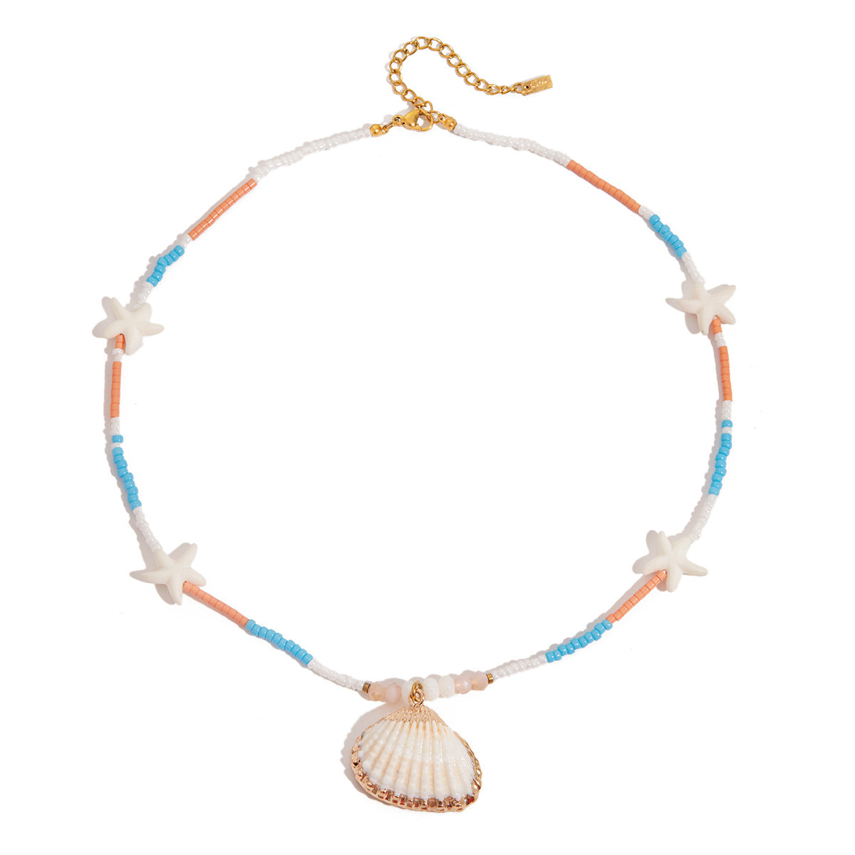 Wholesale 18K Gold Stainless Steel Rice Pearl Shell Pendant Orange Blue Rice Pearl Starfish Necklace