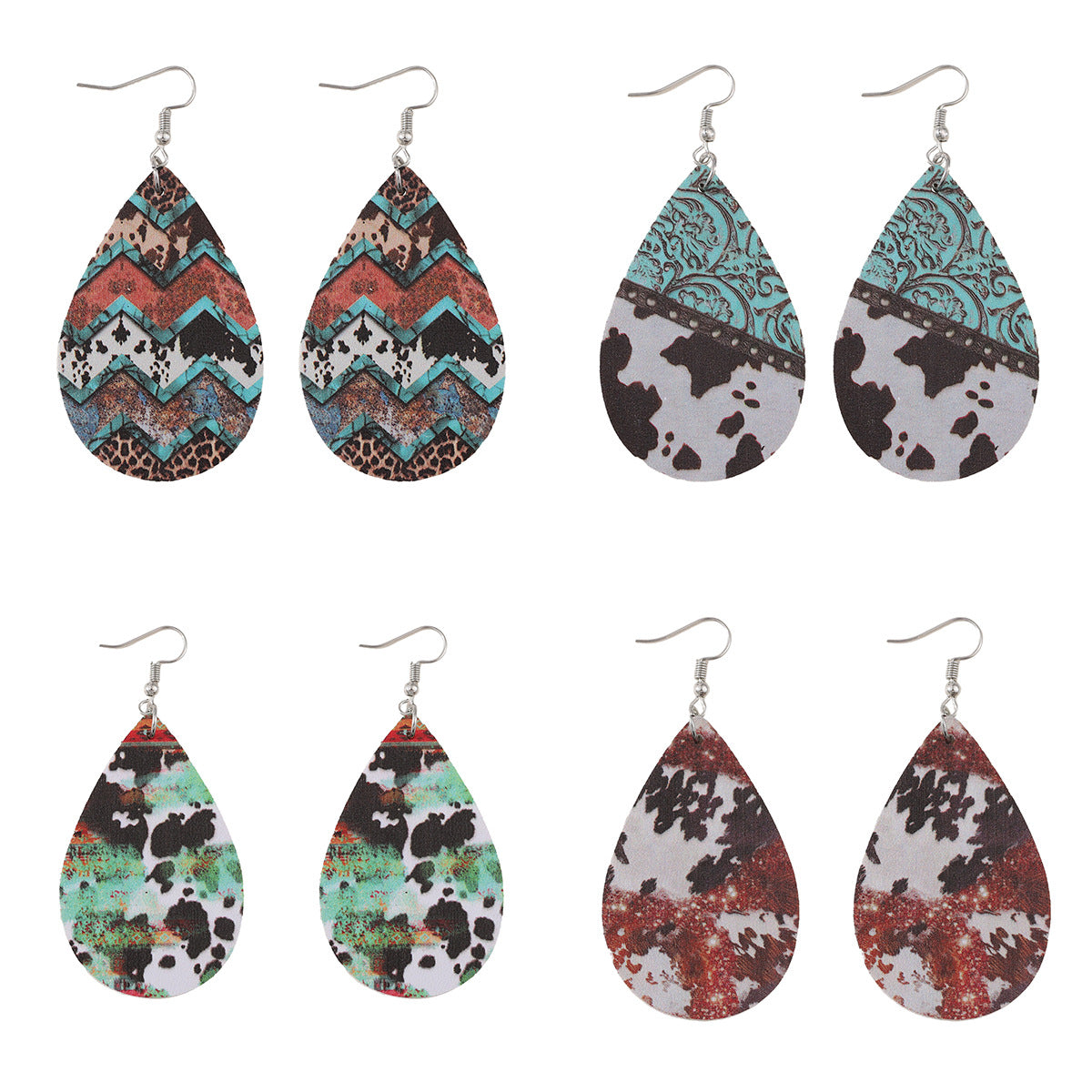 Wholesale Western Ethnic Leopard Dairy Pattern Turquoise Pattern Water Drop Earrings