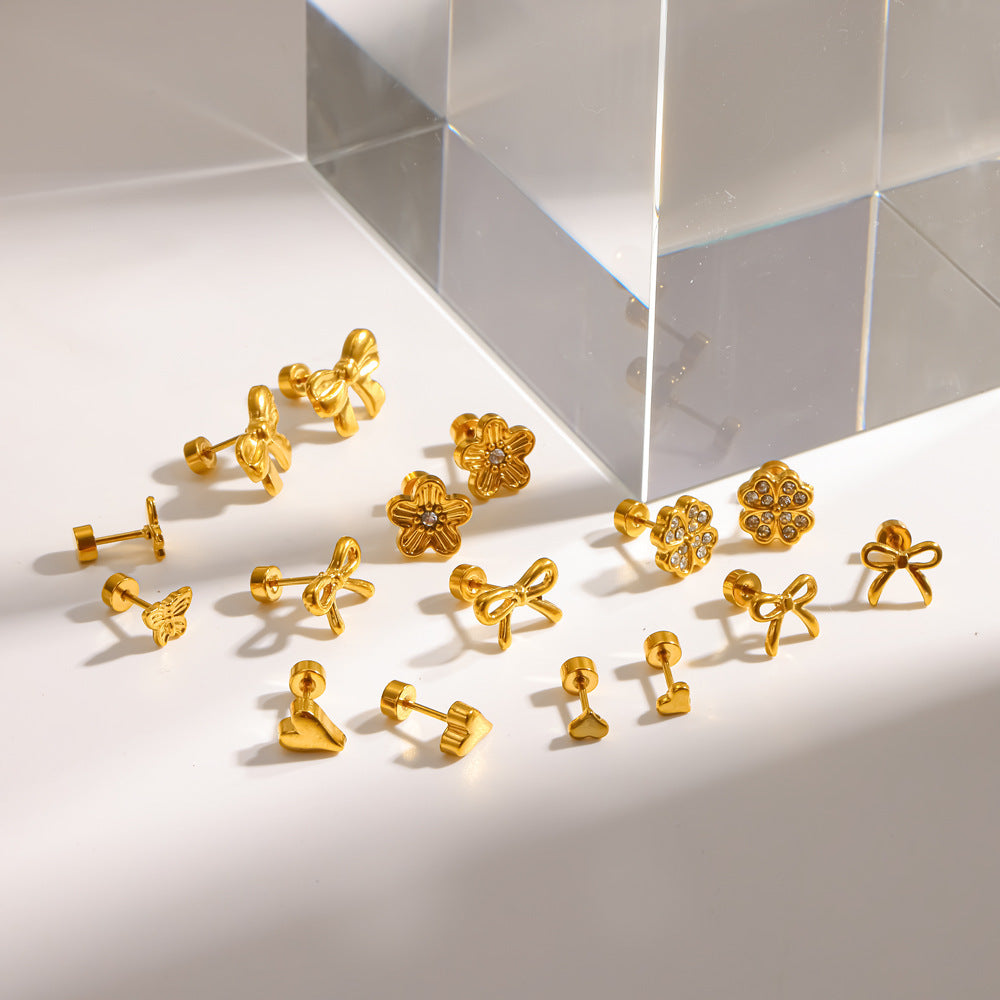 Wholesale Stainless steel stud earrings with diamond-studded bow and heart titanium steel earrings