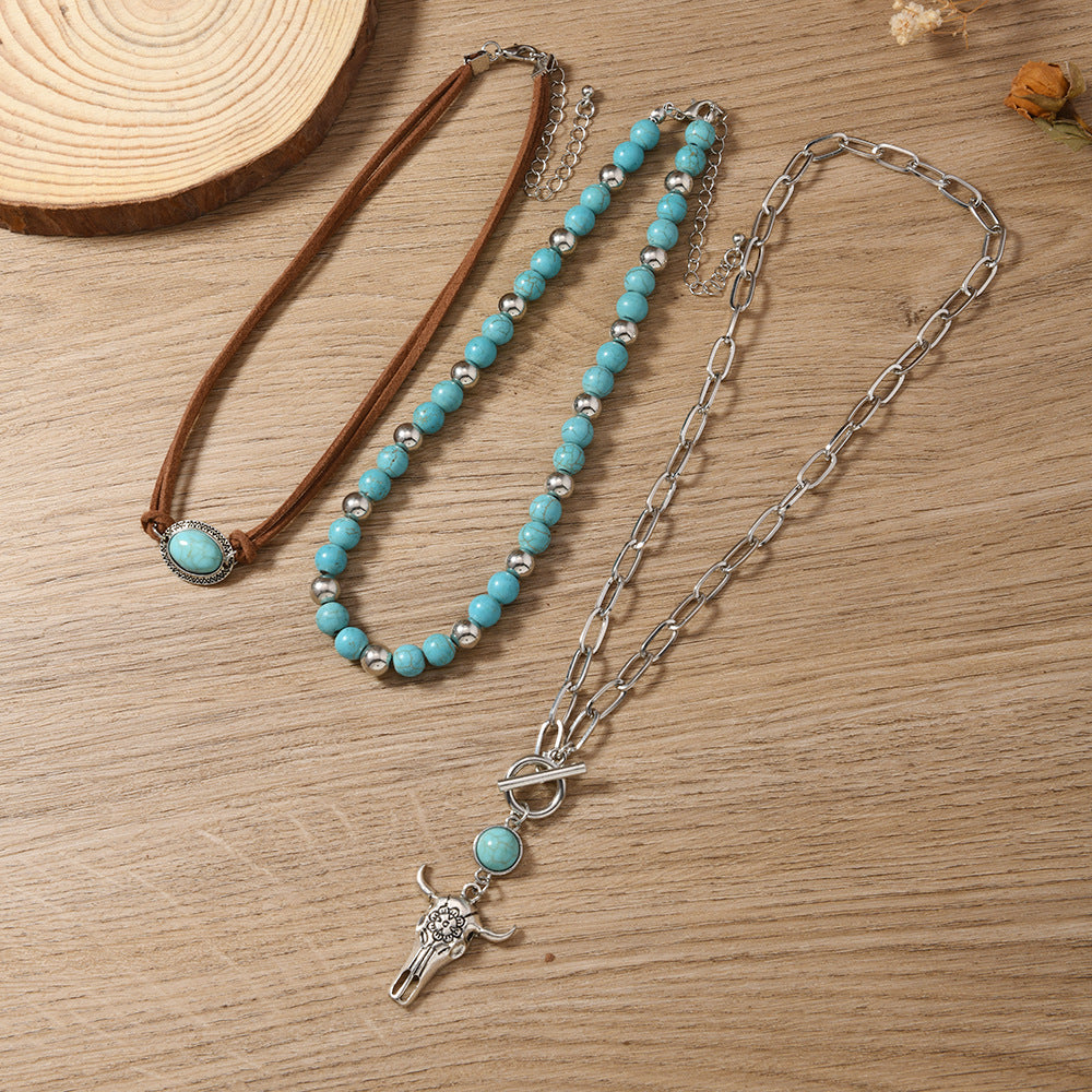 Wholesale Western style Vintage Necklace turquoise metal bull's head OT buckle multi-layer beaded necklace