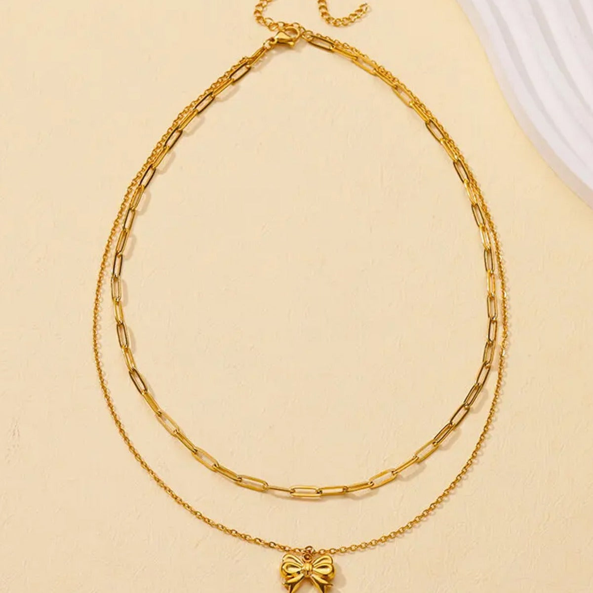 Wholesale  Stainless steel bow chain 18k gold double layer stacked wearing necklace