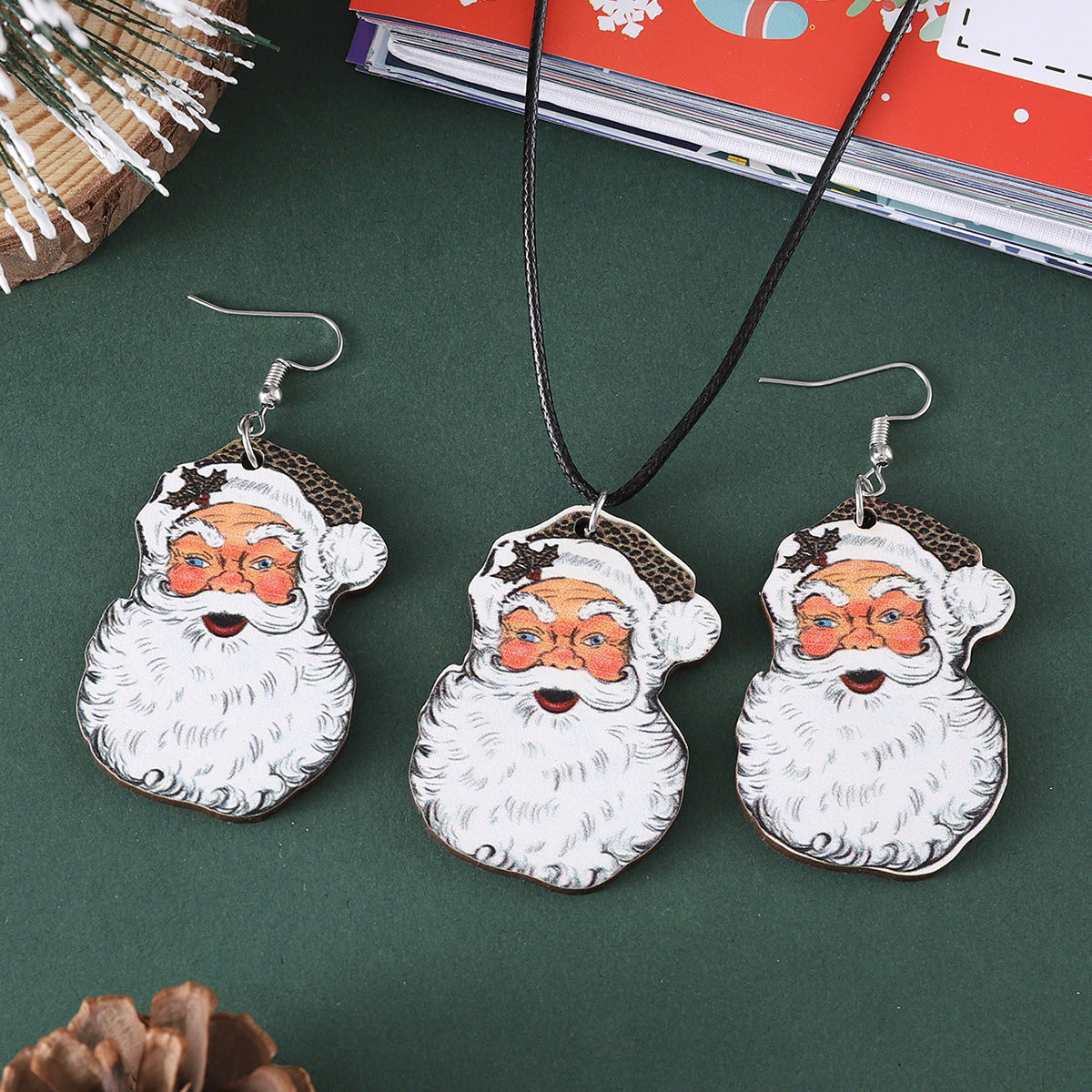 Wholesale Christmas cute bearded  necklace earring set wooden double-sided