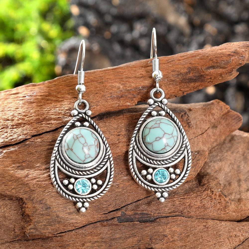 Wholesale Antique Finish Alloy Drop Earrings,  Bohemian French Style Turquoise Inlay Women' s Fashion Jewelry
