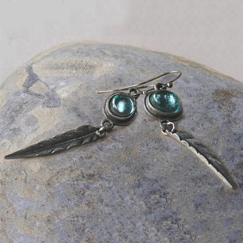 Wholesale Retro blue stone feather pendant earrings
