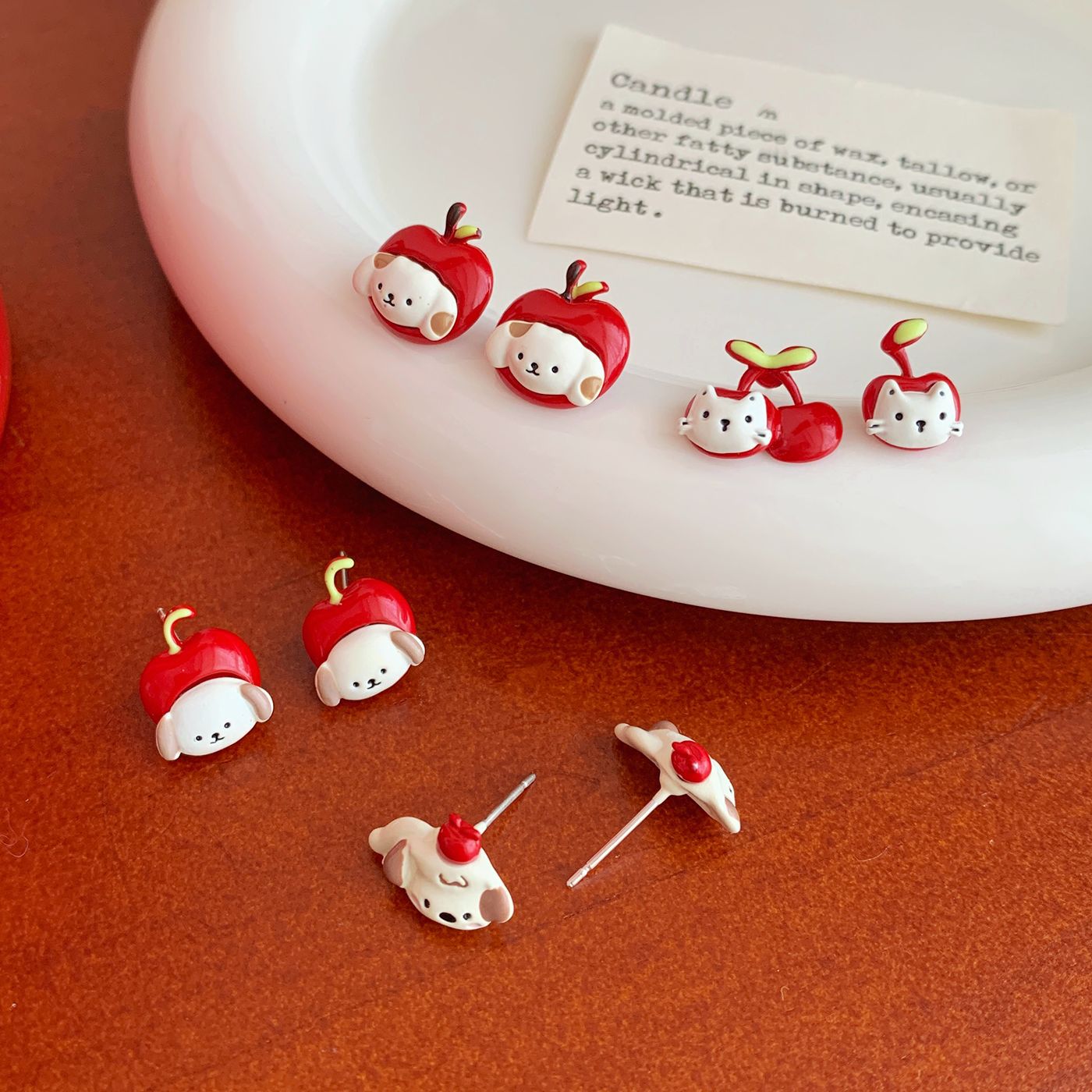 Wholesale Cartoon oil dripping red apple puppy cat earrings silver needle Earrings