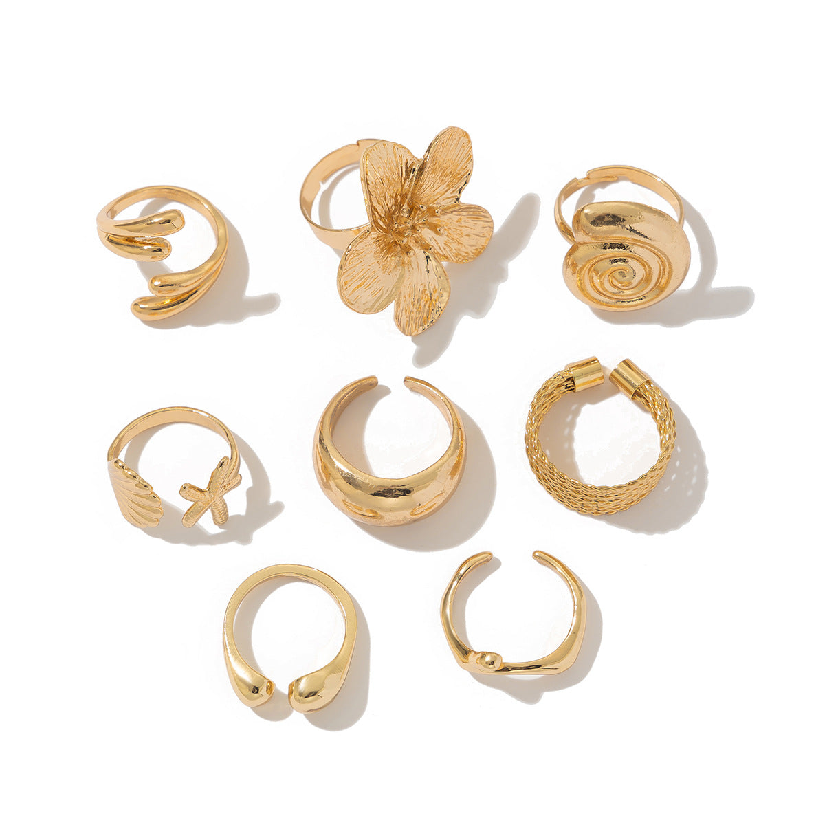 Wholesale 8-Piece Gold Flower Shell Ring Set Ocean Resort Style Boutique Resale