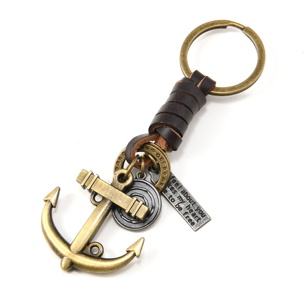 Wholesale Alloy Bronze Ship Anchor Vintage Woven Cowhide Keychains