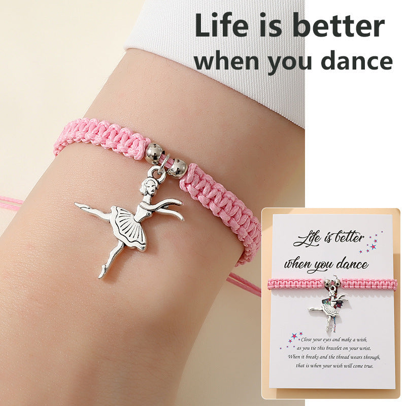 Wholesale Alloy Woven Ballet Dancer Bracelet for Women,  Pink Adjustable Cord,  Trendy Jewelry Accessory