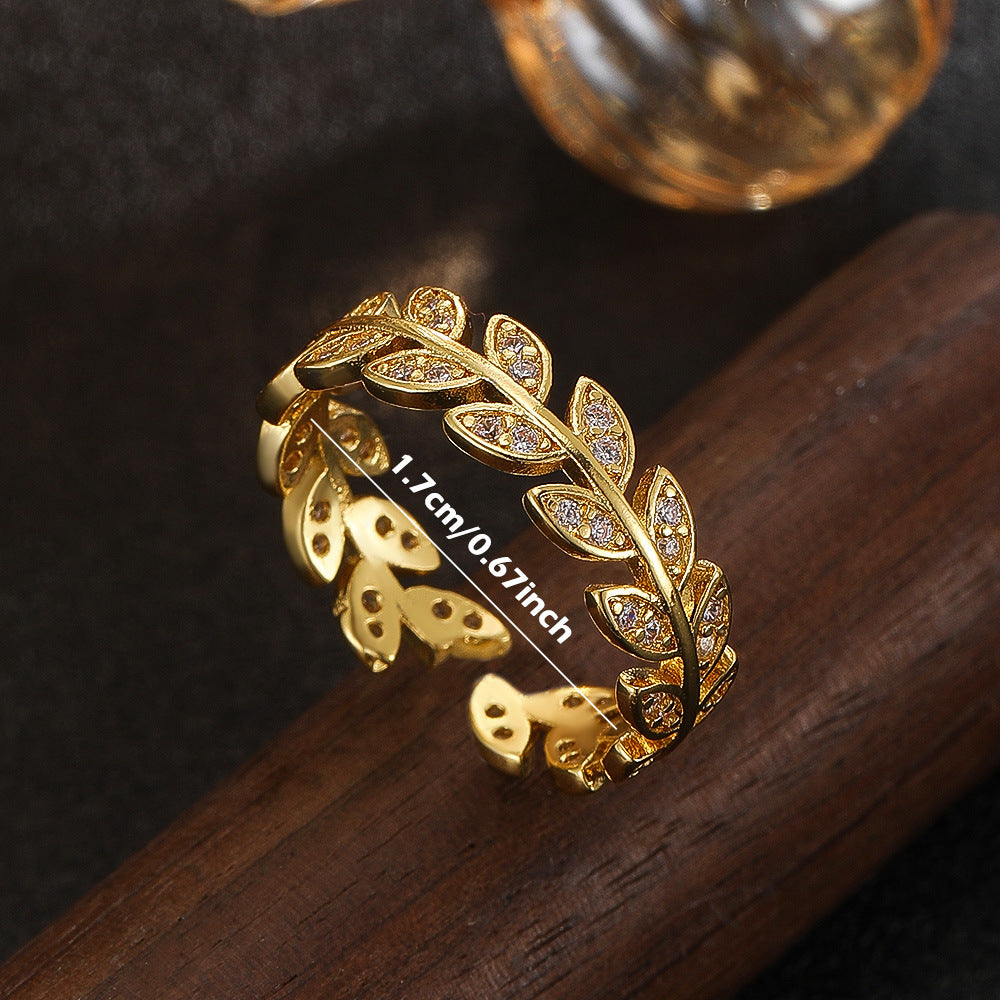 Wholesale Gold Copper Zircon Leaf Open Ring Women S Chic Fashion Jewelry Accessory
