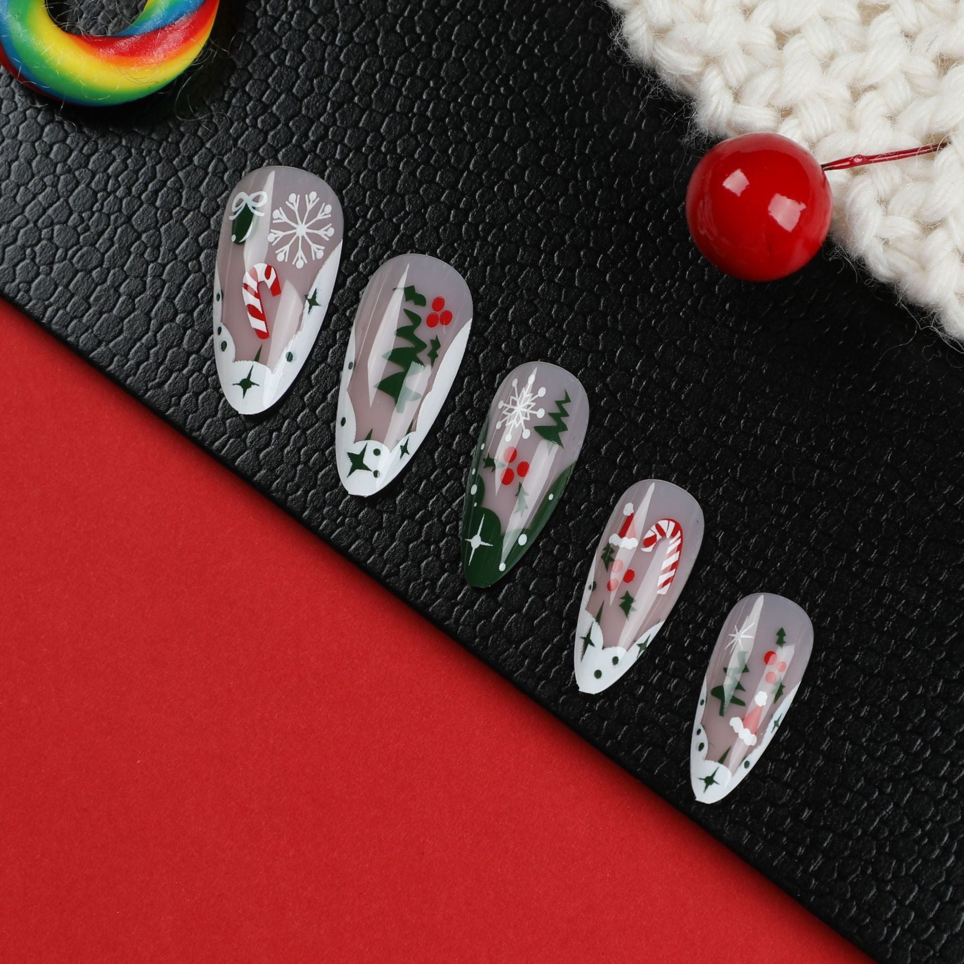 Wholesale 24 Pieces/box Christmas White and Green Contrasting Wear Nails Press-on Nails Kits ACC-NS-LeFan021
