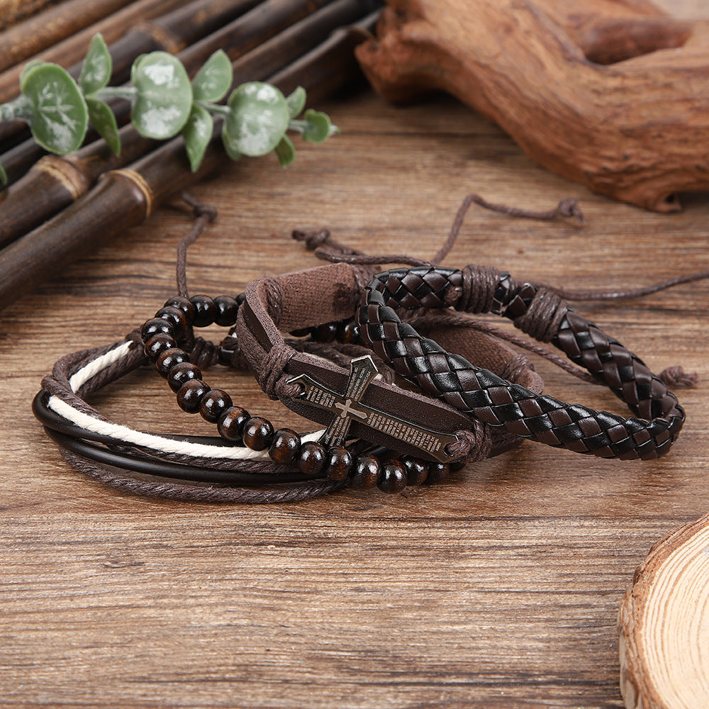 Wholesale Punk Cross Leather Woven Wood Bead Multi Layer Bracelet Retro Unisex Fashion Accessory For Gift