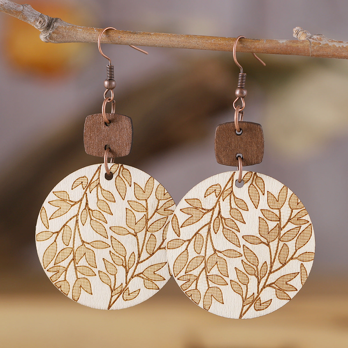 Wholesale Leaf Round ing Pendant Earrings Bohemian Wooden Double-sided  Earrings