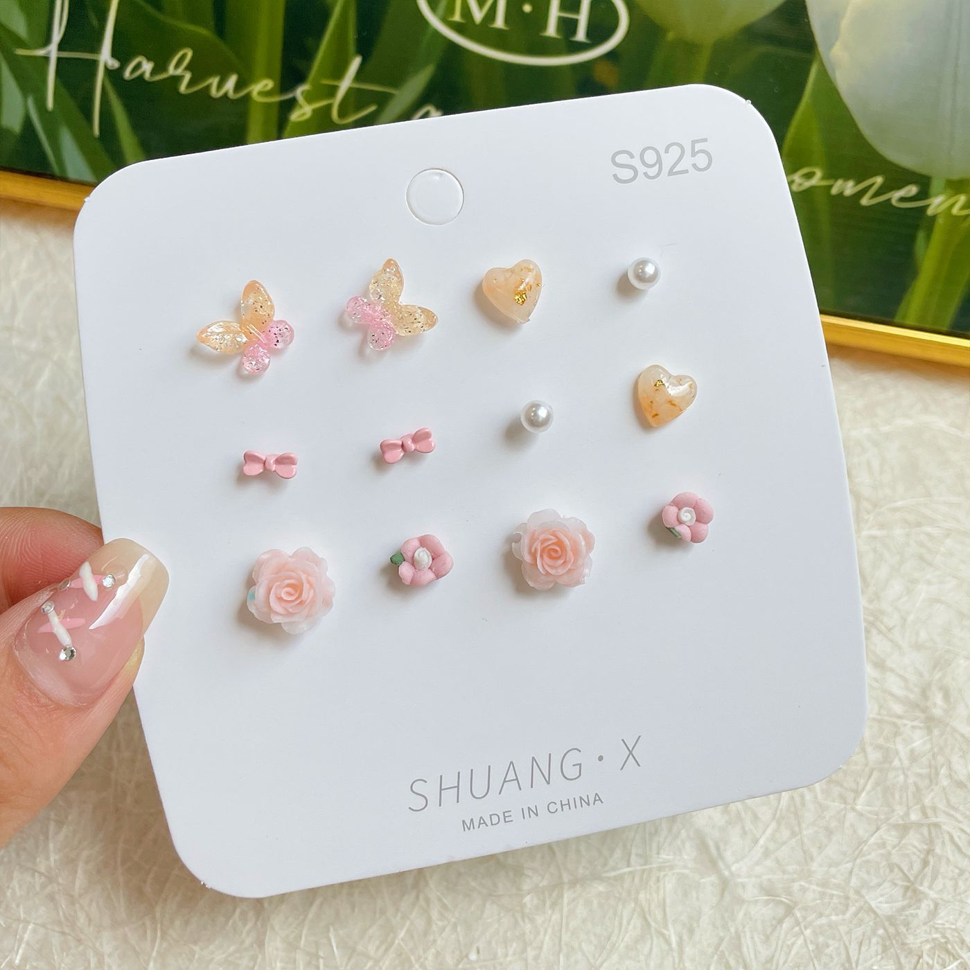 Wholesale Sweet and fresh silver needle small floral and fruit earrings