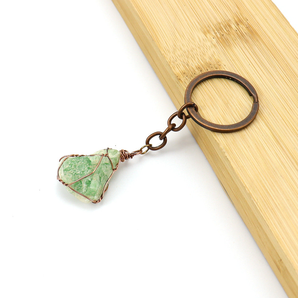 Wholesale Copper Wire Wound Natural Crystal Raw Stone Keychain ACC-KC-HanX007