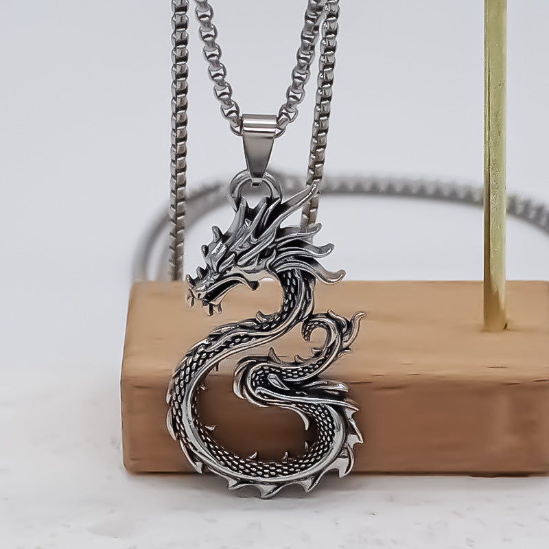 Wholesale Trendy Dragon Totem Pendant Necklace Silver Alloy Clavicle Chain Unisex Chinese Style Gift Resale
