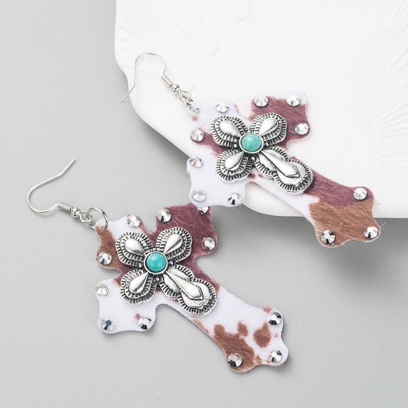 Wholesale Leopard Leather Cross Alloy Inlaid Turquoise Exaggerated Earrings