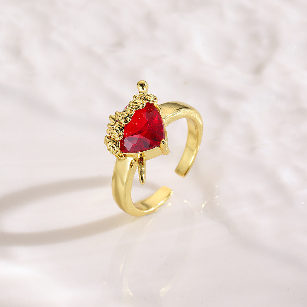Wholesale Stylish Crown Heart Zircon Open Ring For Women Red Copper Fashion Jewelry Accessory For Everyday Wear And Boutique Resale