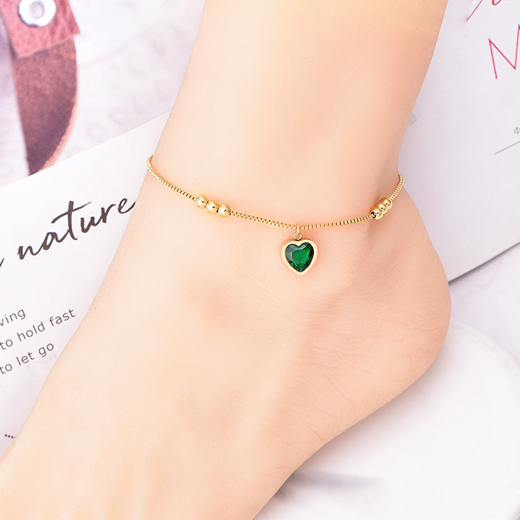Wholesale Titanium Steel golden bean love anklet  butterfly green zircon anklet