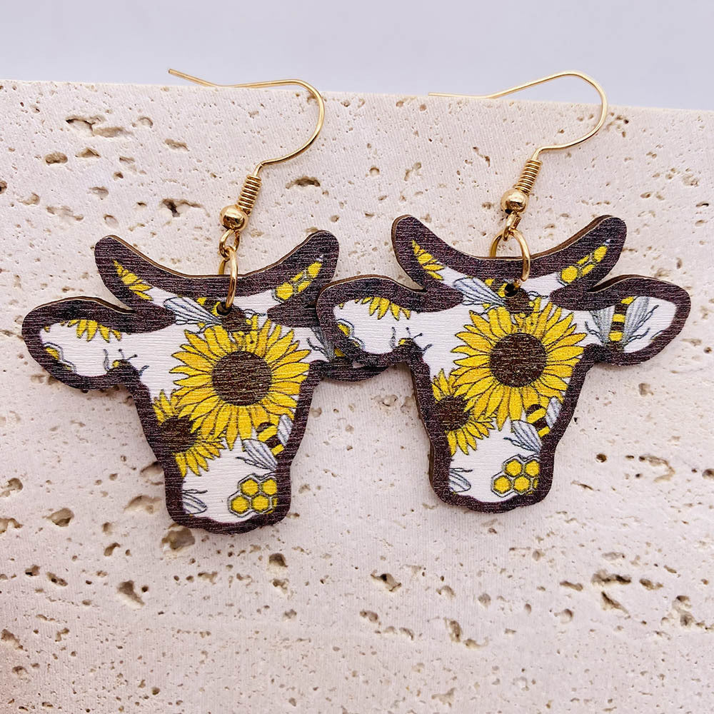 Wholesale Retro Wooden Western Bull Skull  Sunflower and Bohemian-Style Earrings