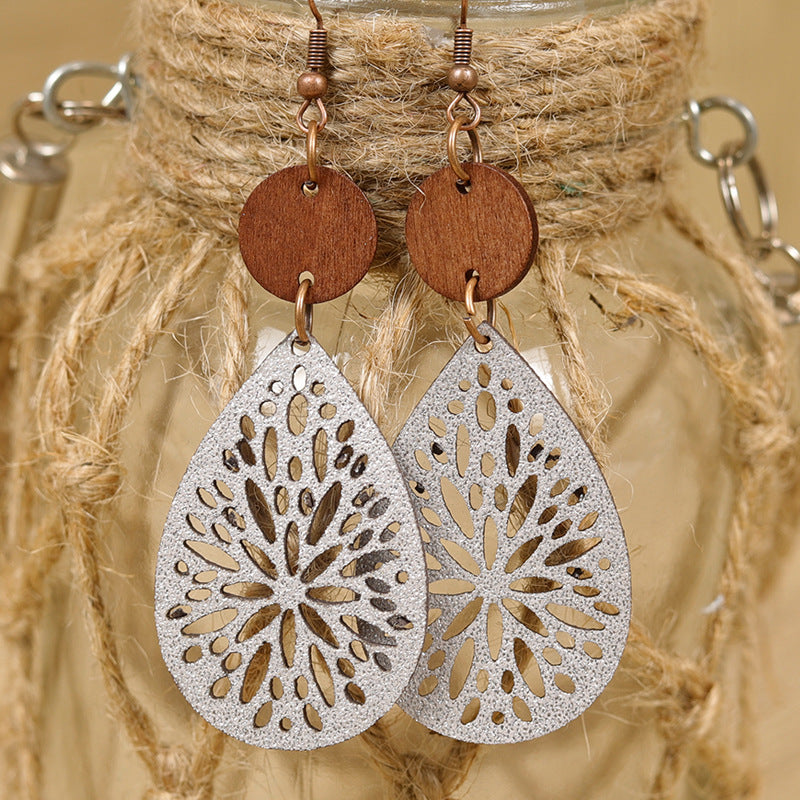 Wholesale  Bohemian Style  Retro Hollow Water Drop Wooden Leather Earrings