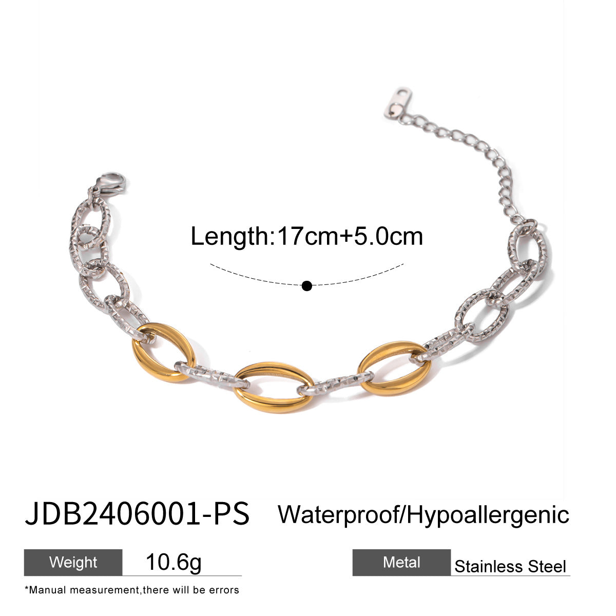 Wholesale 18k Gold Stainless Steel Gold and Silver Color Splicing O-Hammer Thick Chain Bracelet