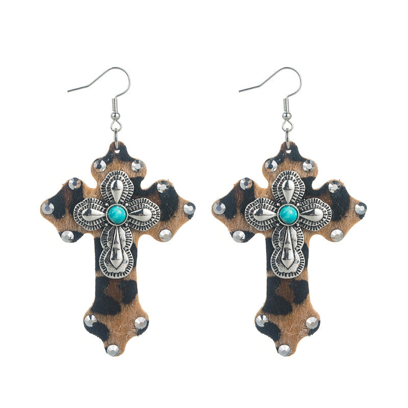 Wholesale Leopard Leather Cross Alloy Inlaid Turquoise Exaggerated Earrings