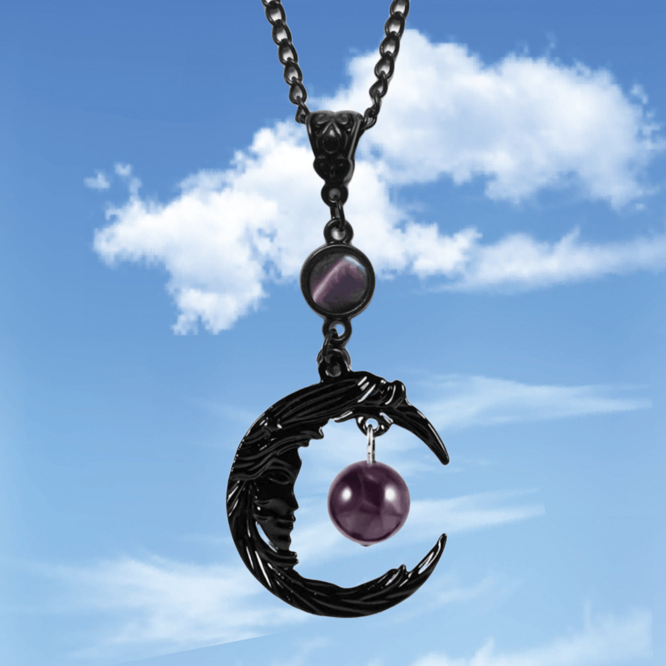 Wholesale Gothic Face Black Crescent Purple Gem Pendant Creative Necklaces