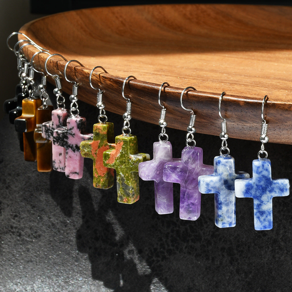 Wholesale Green Aventurine Cross Pendant Earrings Retro Style Handmade Fashion Accessory for Women Gift