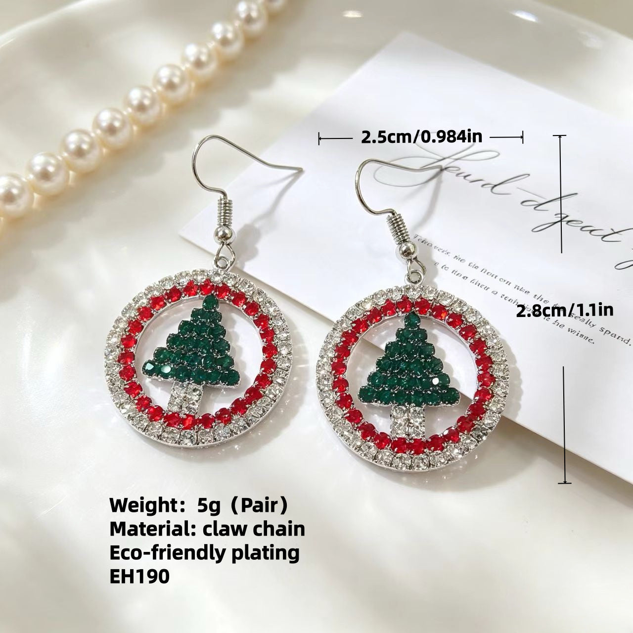 Wholesale Christmas Tree Design Rhinestone Stud Earrings Titanium Steel Electroplated White Gold Boutique Resale