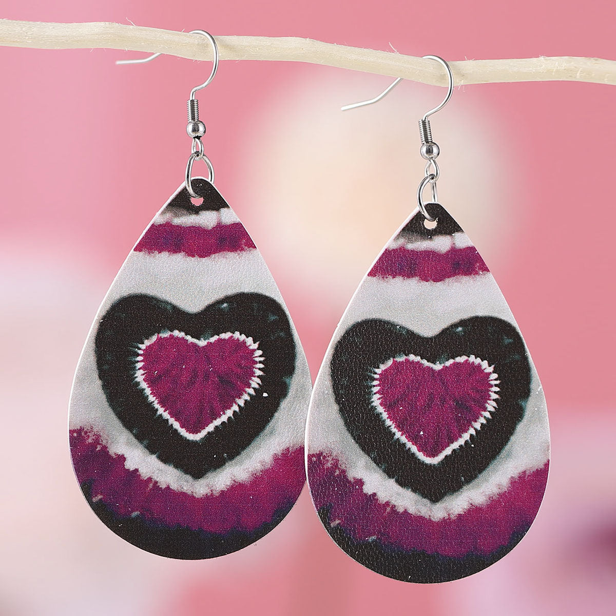 Wholesale Valentine's Day Plaid Love Water Drop Leather Double Sided Earrings