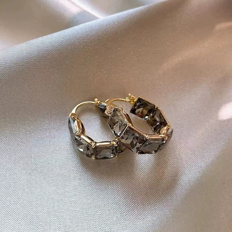 Wholesale Light Luxury Gray Crystal Square Earrings,  Metal Handmade Ear Clips - Trendy Fashion Accessory for Women