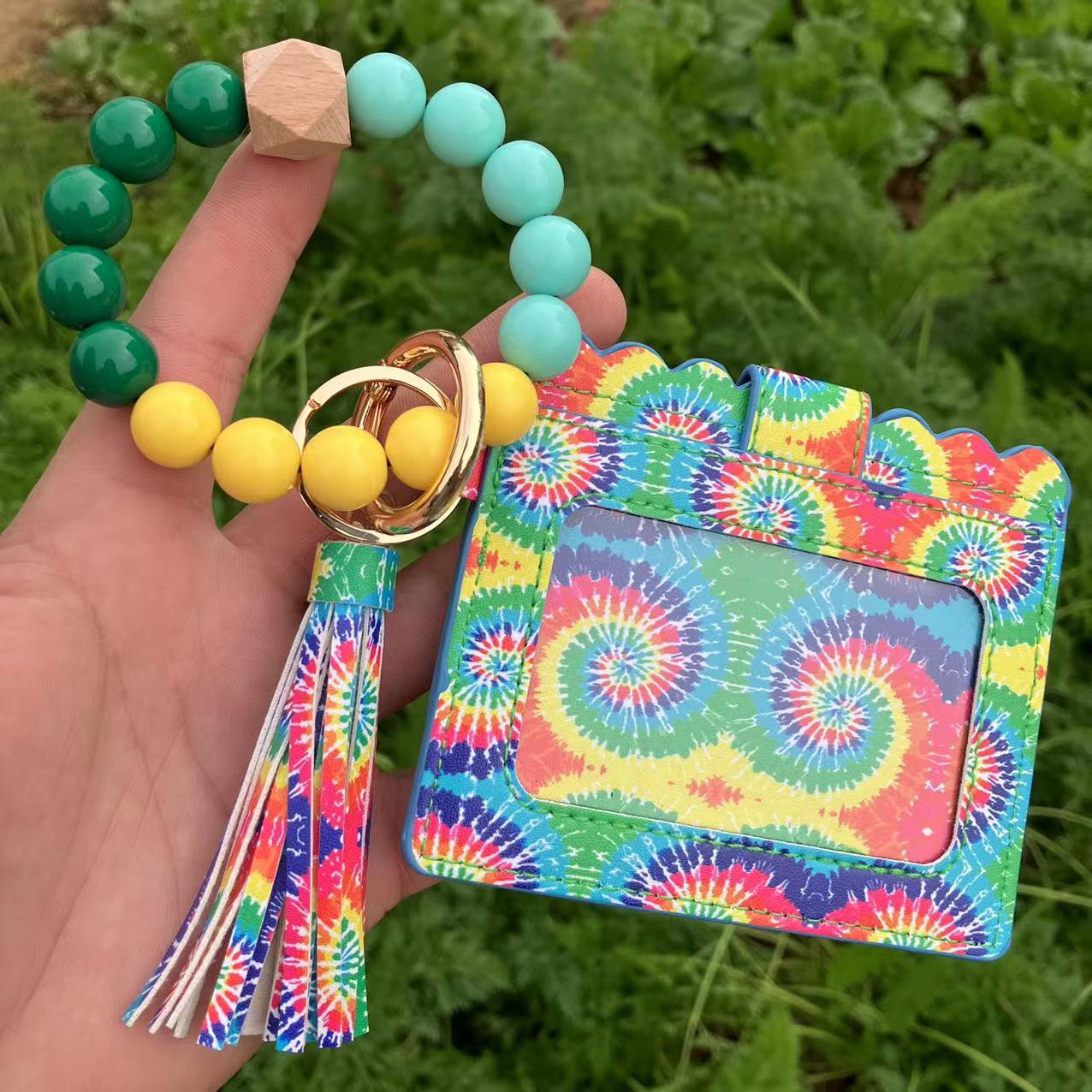 Wholesale Leopard Plaid Western Style Card Holder Silicone Beaded Wristlet Keychain ACC-KC-QiuXue011