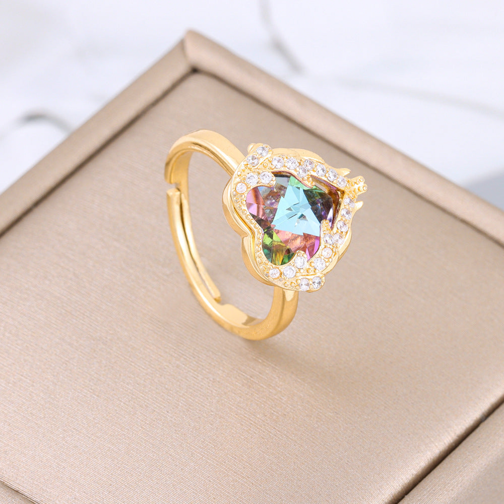 Wholesale  Titanium Steel 18K Gold Plating Micro Inlay Colorful Ocean Heart Necklace Earrings Ring Set