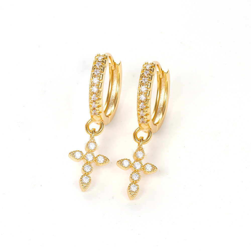 Wholesale Gold Plated Water Drop Cross Zircon Earrings Trendy Party Jewelry