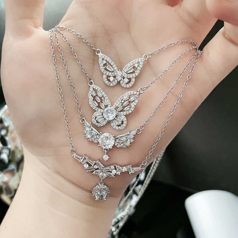 Wholesale  Micro-inlaid Zircon Water Drop Necklace  Three-dimensional Butterfly Full Diamond  Clavicle Chain