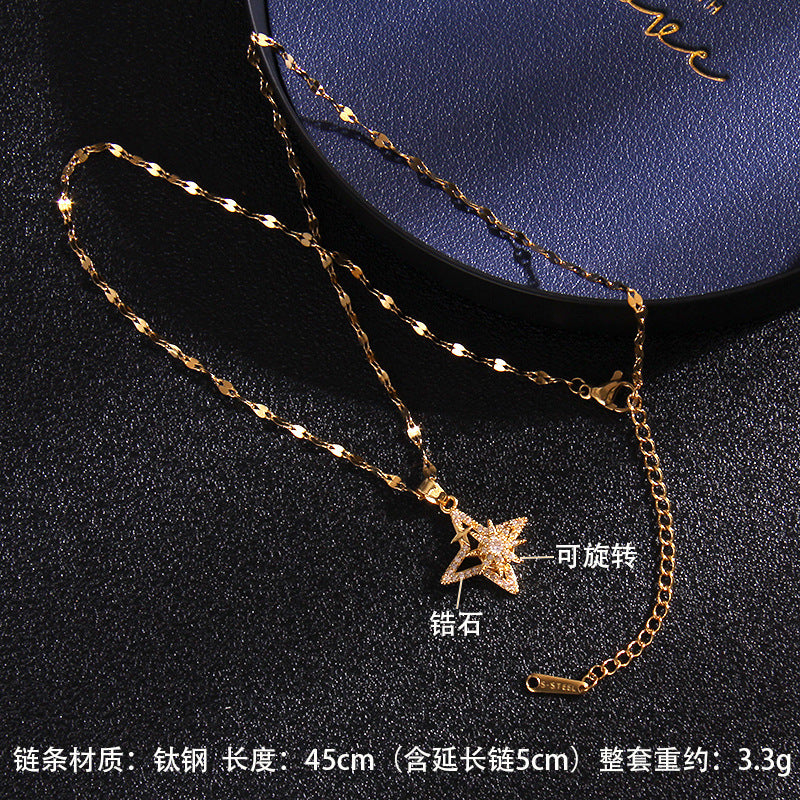 Wholesale Zircon Rotating Four Leaf Clover Flower Pendant Titanium Steel Necklace ACC-NE-Rongc006