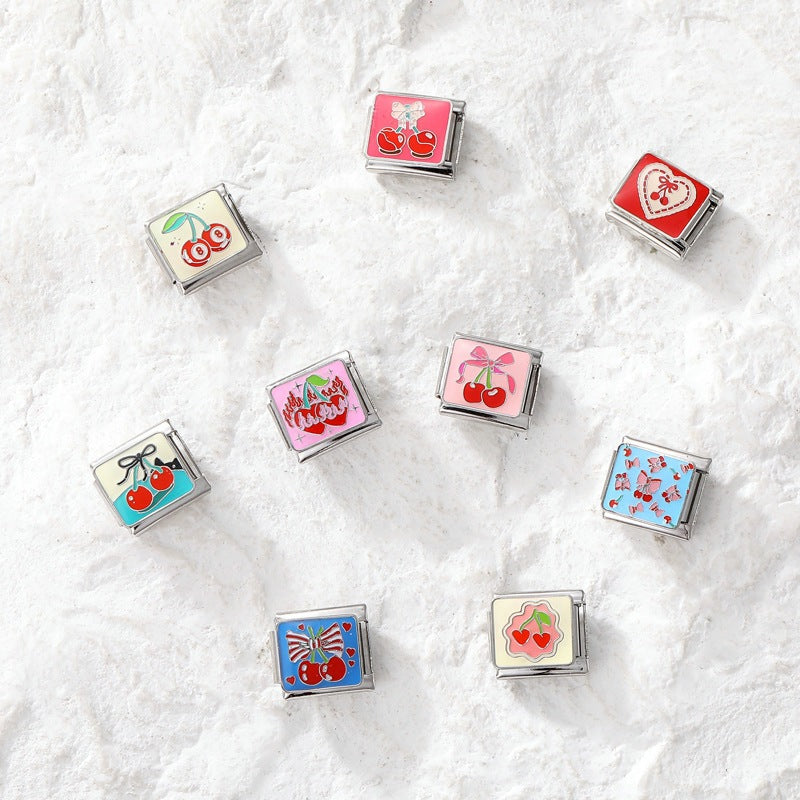 Wholesale Nature Italian Charms DIY square cherry Section Creative Stainless Steel Composable Bracelet