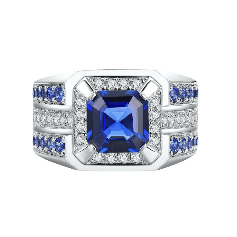 Wholesale Stylish Men' s Silver Tone Alloy Ring with Blue Square Zircon Pave,  Fashion Jewelry Accessory