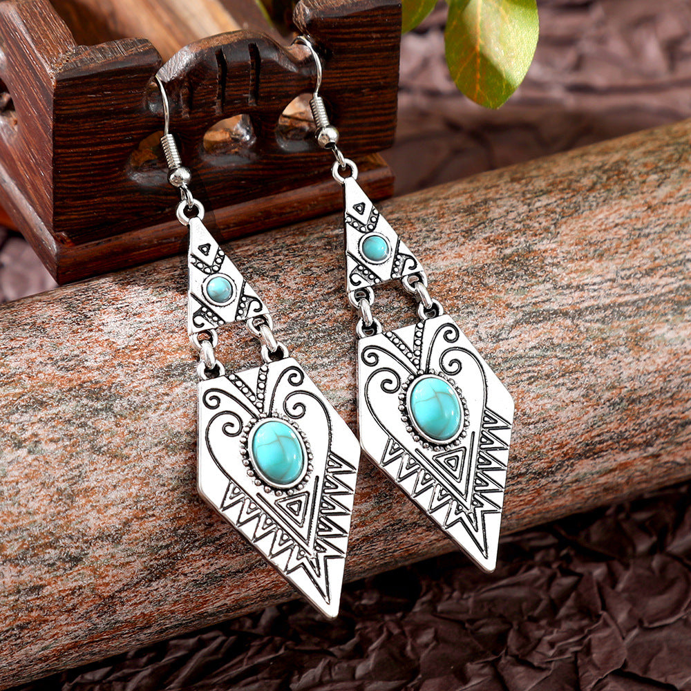 Wholesale Bohemian Turquoise Geometric Metal Texture Earrings Fashion Accessory for Party Boutique Resale