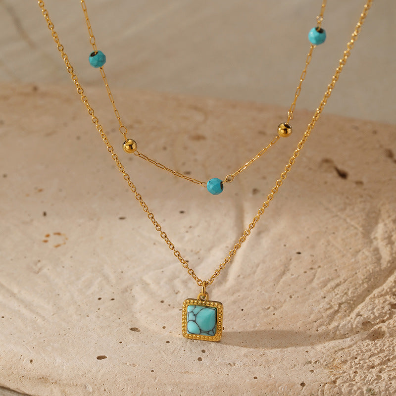 Wholesale Stainless Steel  Double-layer Turquoise Pendant Necklace