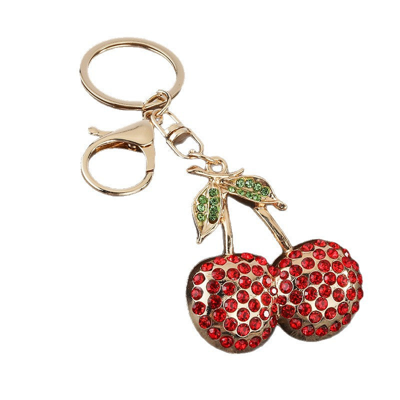 Wholesale Zinc Alloy Cherry Rhinestone Keychain Fruit Key Ring Stylish Bag Charm Gift for Wedding Boutique Resale