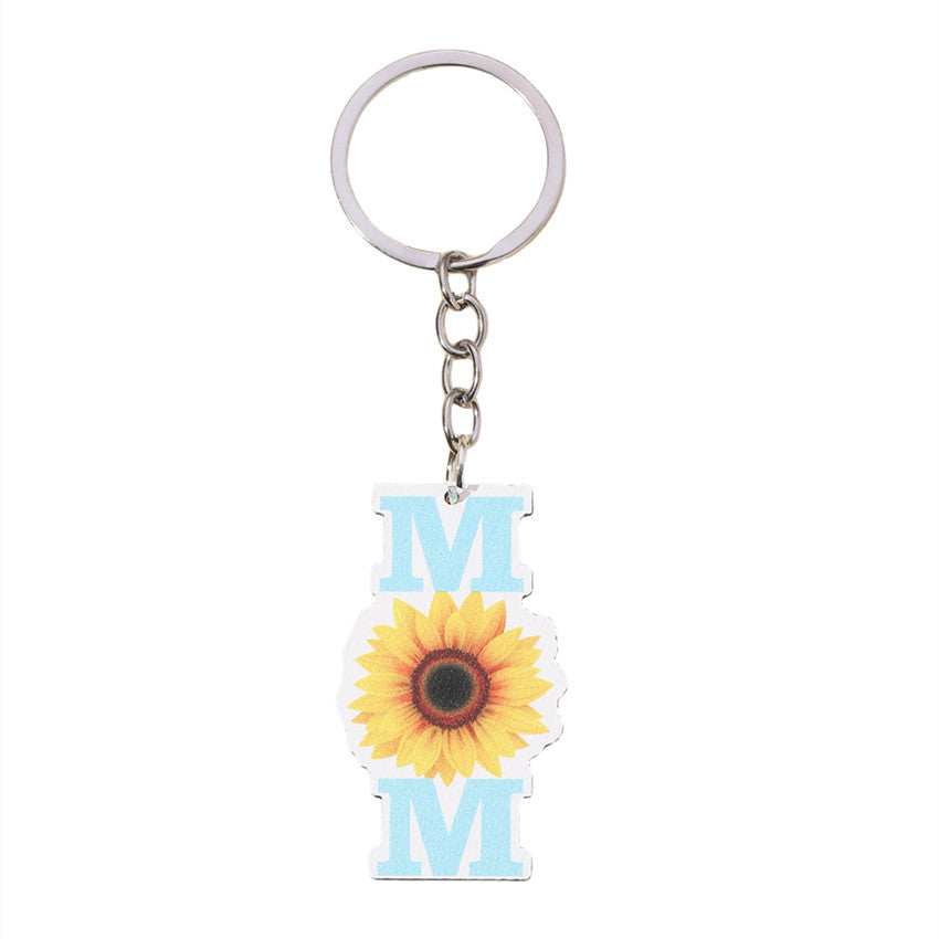 Wholesale Sunflower MOM Mother's Day Leopard Wooden Keychain ACC-KC-RongR032