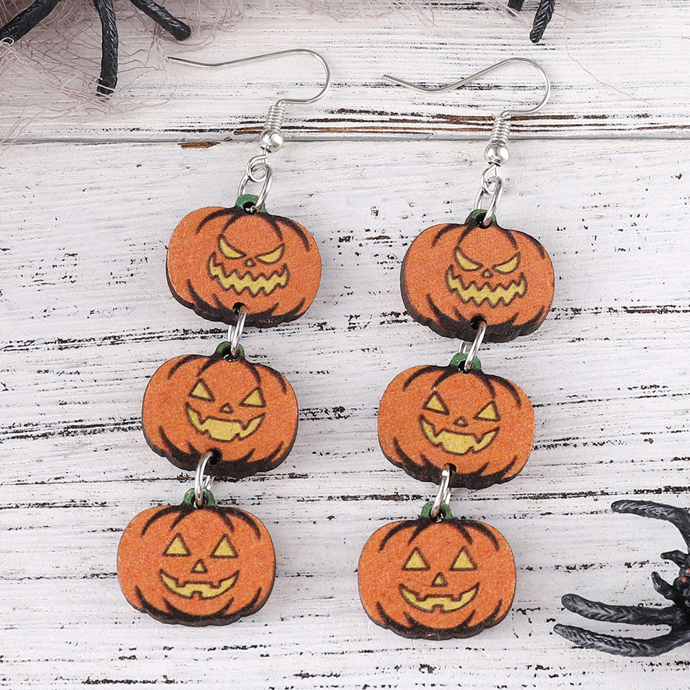 Wholesale Halloween Gothic Black Cat Ghost Face Pumpkin Splicing Triple Wood Earrings ACC-ES-ChuLian061