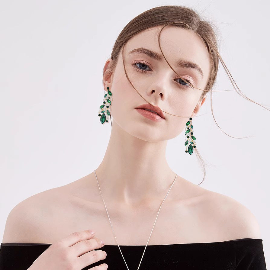 Wholesale Light Luxury Earrings Copper Plated Zircon Colored Crystal Leaf Tassel Earrings ACC-ES-YiN001