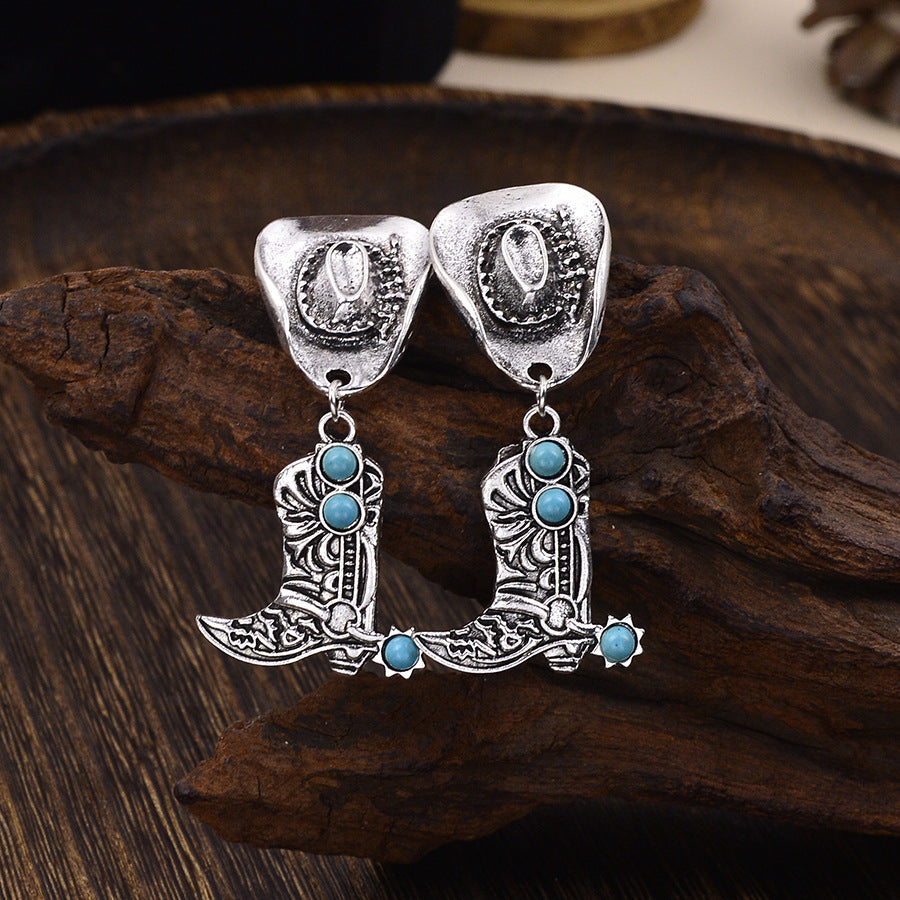 Wholesale Retro Western Cowboy Boots Hat Pendant Earrings Zinc Alloy Electroplated Fashion Jewelry Accessory