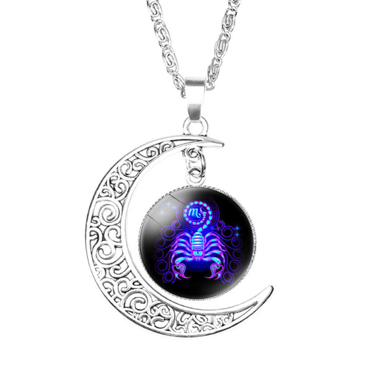Wholesale Twelve Constellation moon necklace Time Gem crescent moon pendant with chain