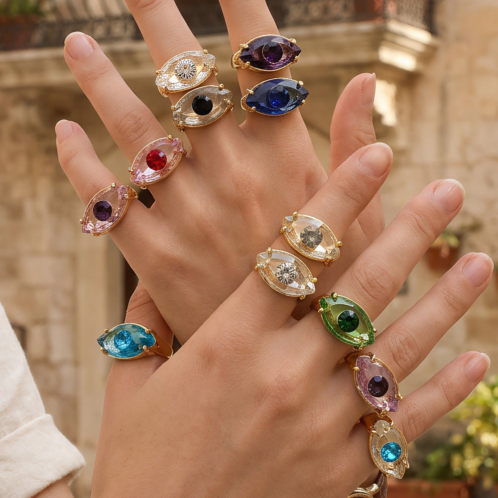 Wholesale Glass Evil Eye Ring for Women,  Opening Adjustable Geometric Design,  Trendy Jewelry Accessory for Everyday Wear or Boutique Resale