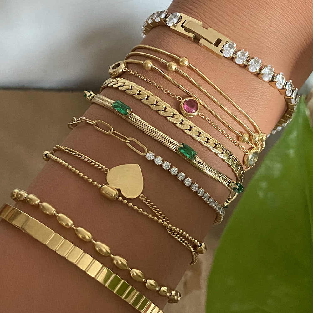 Wholesale  Stainless Steel Stacked  Inlaid Zircon Love Pendant Simple Design Bracelet suit