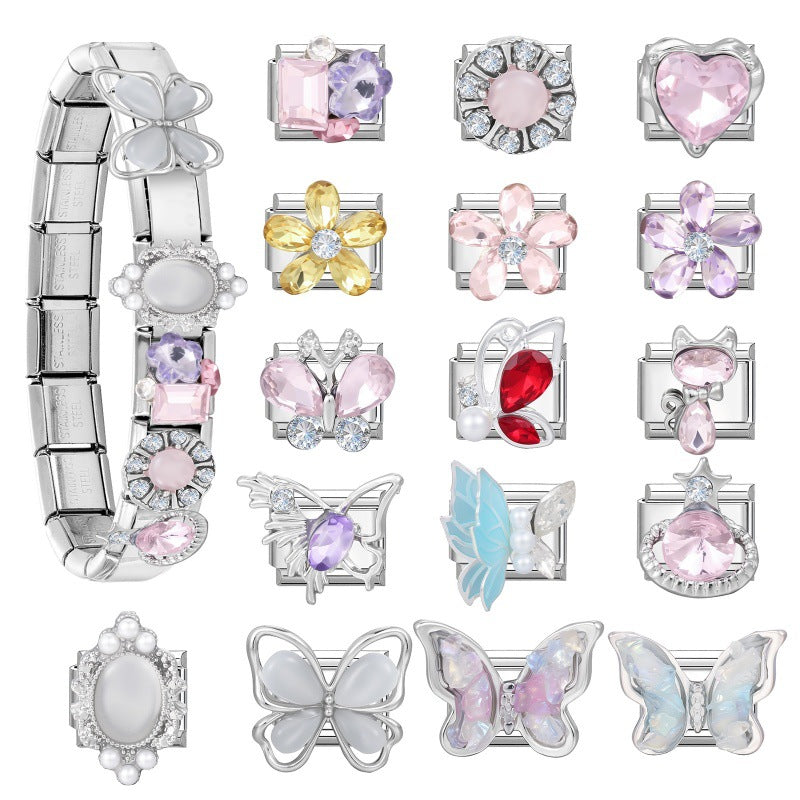Wholesale DIY Italian Style Butterfly Flower Pearl Bracelet Set Stainless Steel Jewelry Accessory Gift Boutique
